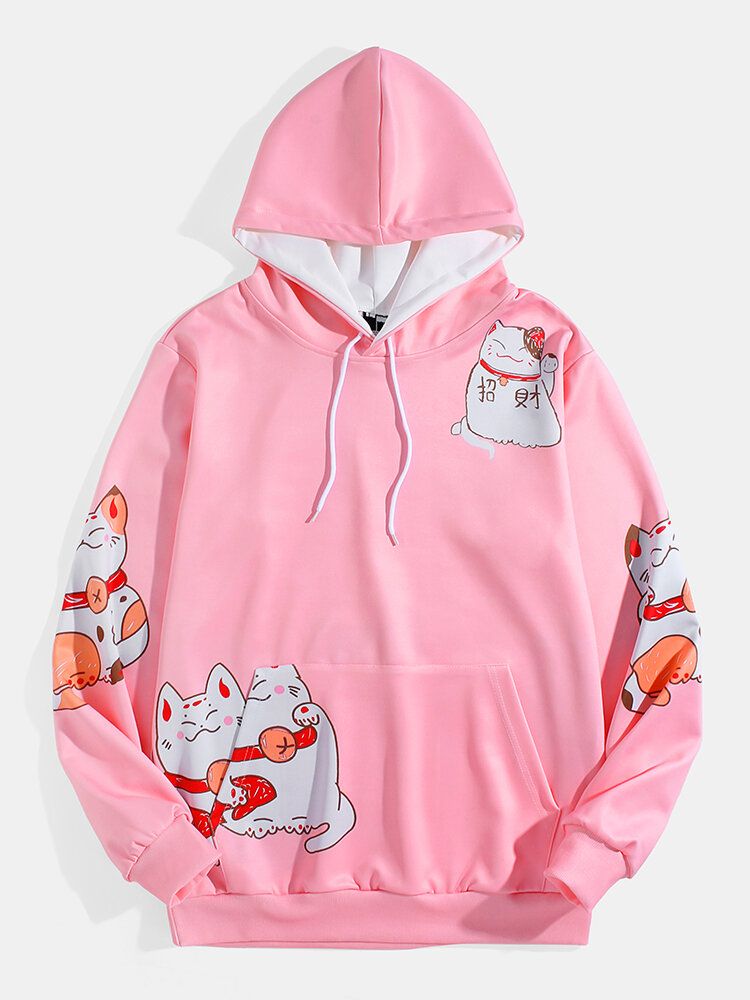 Sudaderas Con Capucha Con Cordón De Dibujos Animados De Bolsillo De Canguro De Manga Larga Con Estampado De Gato De La Suerte Lindo Para Hombre