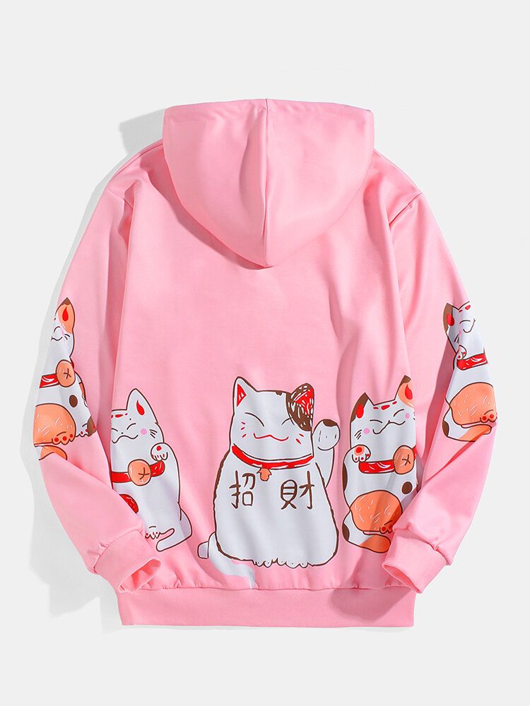 Sudaderas Con Capucha Con Cordón De Dibujos Animados De Bolsillo De Canguro De Manga Larga Con Estampado De Gato De La Suerte Lindo Para Hombre