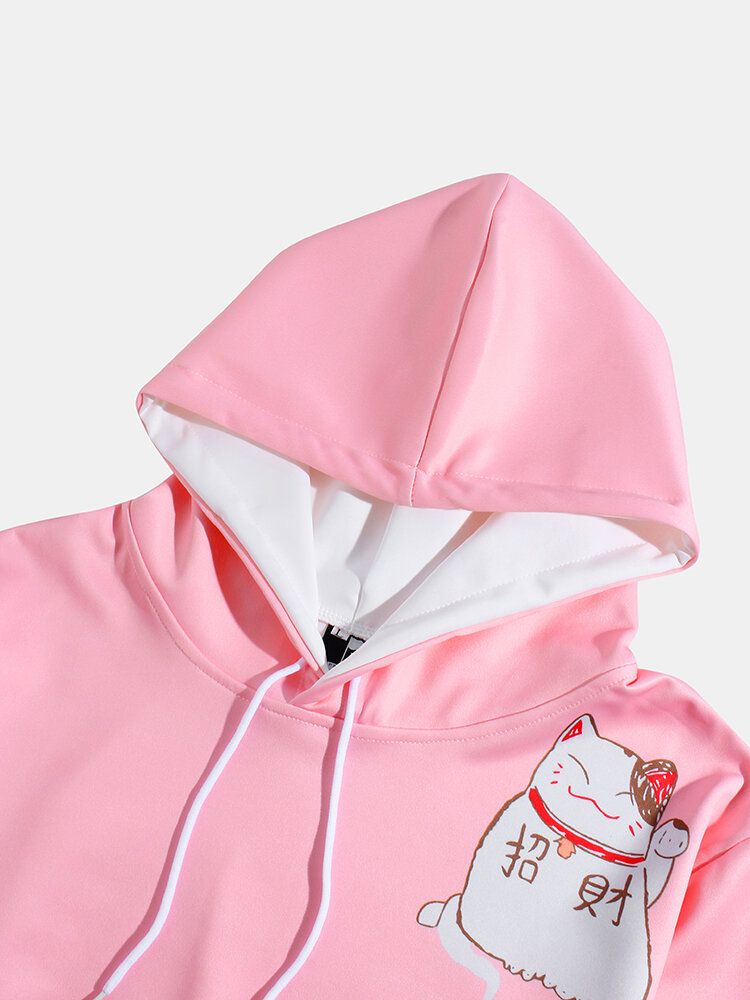 Sudaderas Con Capucha Con Cordón De Dibujos Animados De Bolsillo De Canguro De Manga Larga Con Estampado De Gato De La Suerte Lindo Para Hombre