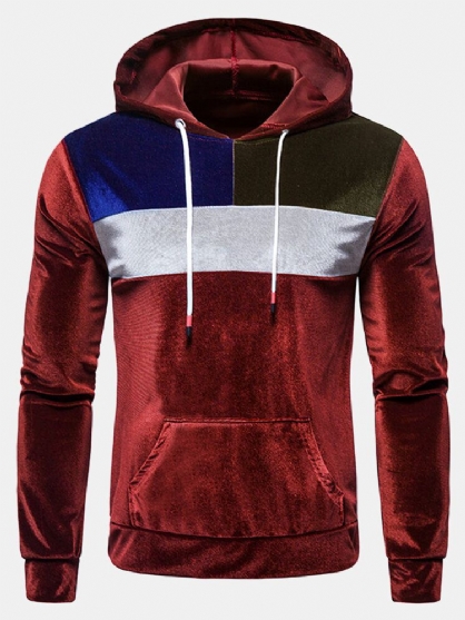 Sudaderas Con Capucha Con Cordón De Diseño De Manga Larga De Terciopelo Patchwork Para Hombre