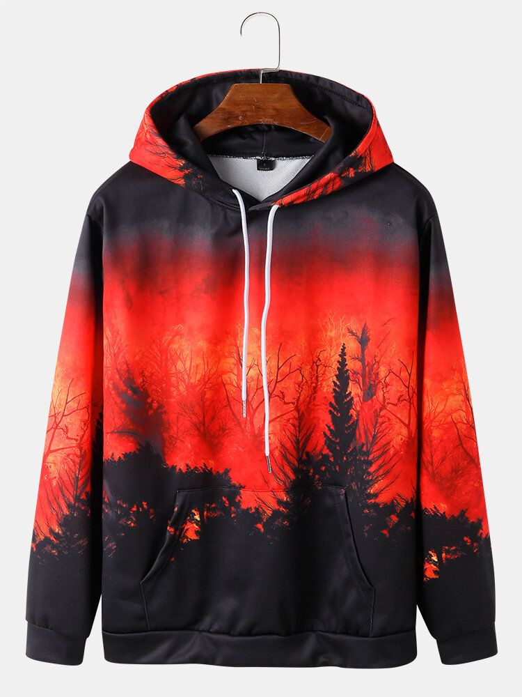 Sudaderas Con Capucha Con Cordón Con Estampado De Bosque De Ombre Para Hombre