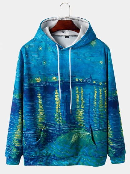 Sudaderas Con Capucha Con Cordón Estampado De Pintura De Paisaje Para Hombre