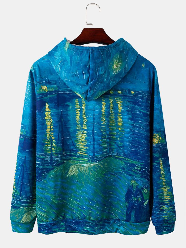 Sudaderas Con Capucha Con Cordón Estampado De Pintura De Paisaje Para Hombre