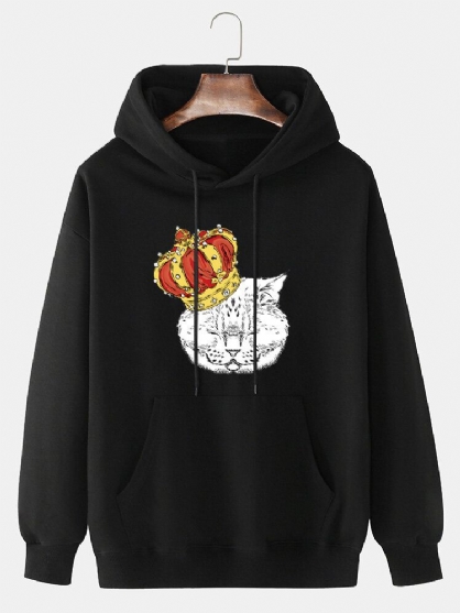 Sudaderas Con Capucha Con Cordón Informal De Algodón Con Hombros Caídos Y Estampado De Gato Crown Para Hombre