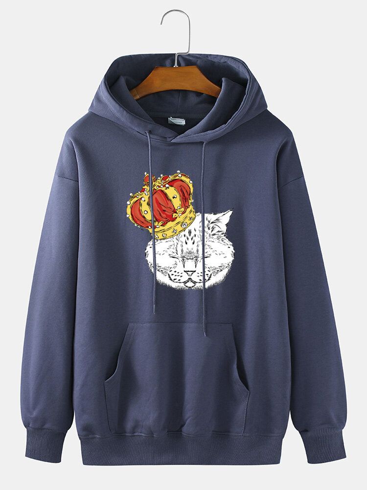 Sudaderas Con Capucha Con Cordón Informal De Algodón Con Hombros Caídos Y Estampado De Gato Crown Para Hombre