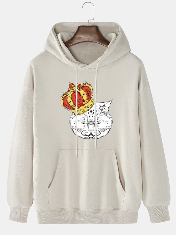 Sudaderas Con Capucha Con Cordón Informal De Algodón Con Hombros Caídos Y Estampado De Gato Crown Para Hombre