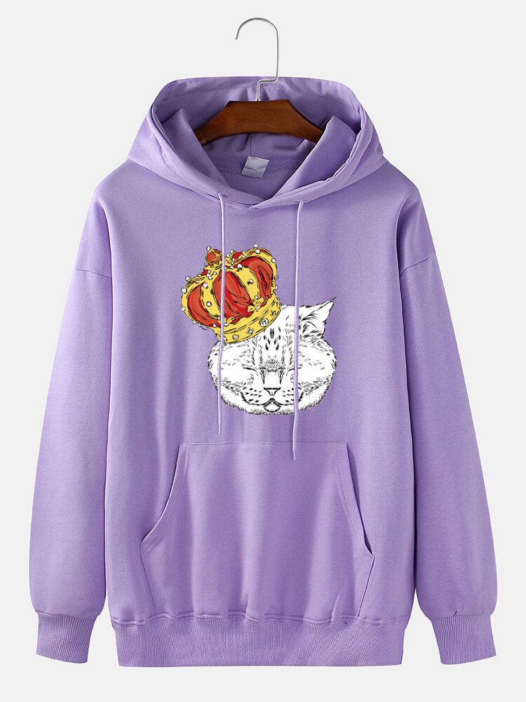 Sudaderas Con Capucha Con Cordón Informal De Algodón Con Hombros Caídos Y Estampado De Gato Crown Para Hombre