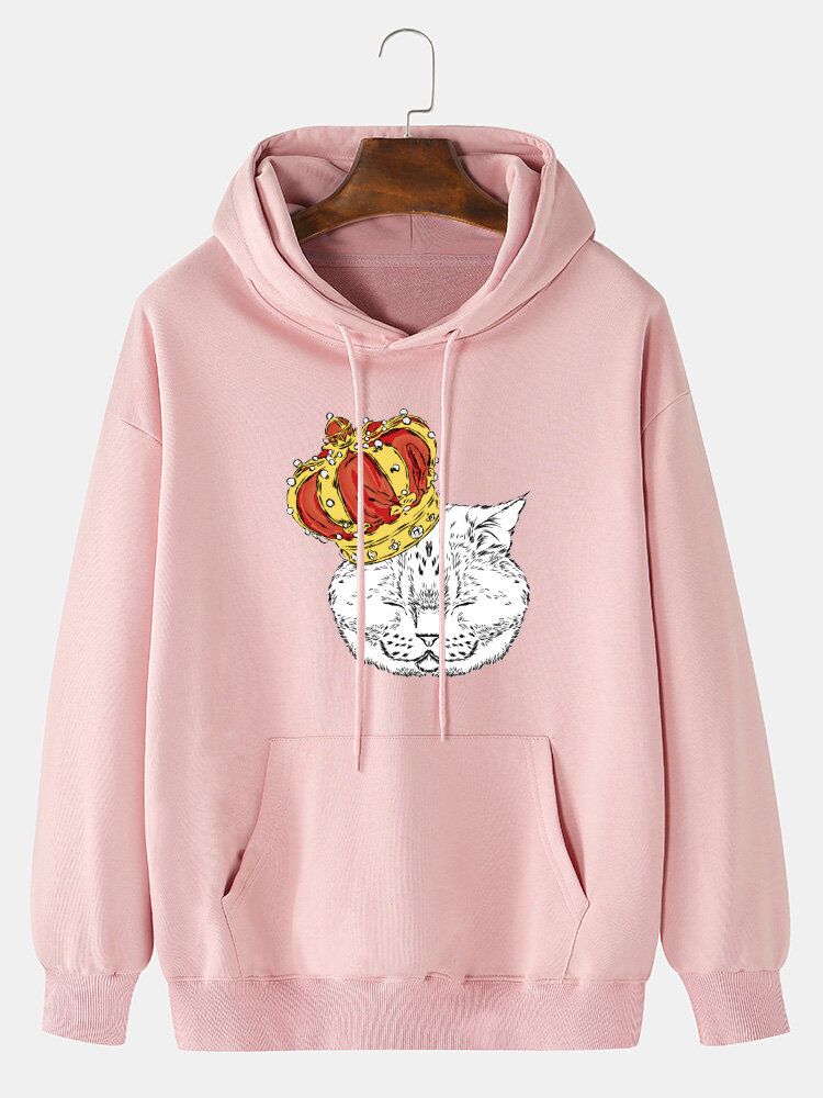 Sudaderas Con Capucha Con Cordón Informal De Algodón Con Hombros Caídos Y Estampado De Gato Crown Para Hombre