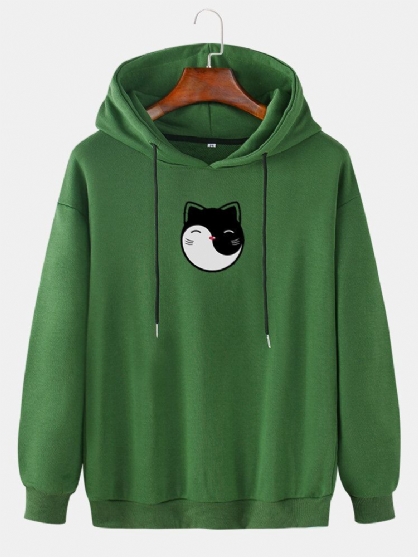 Sudaderas Con Capucha Con Cordón Informal De Algodón Con Hombros Caídos Y Estampado De Gato De Dibujos Animados Para Hombre