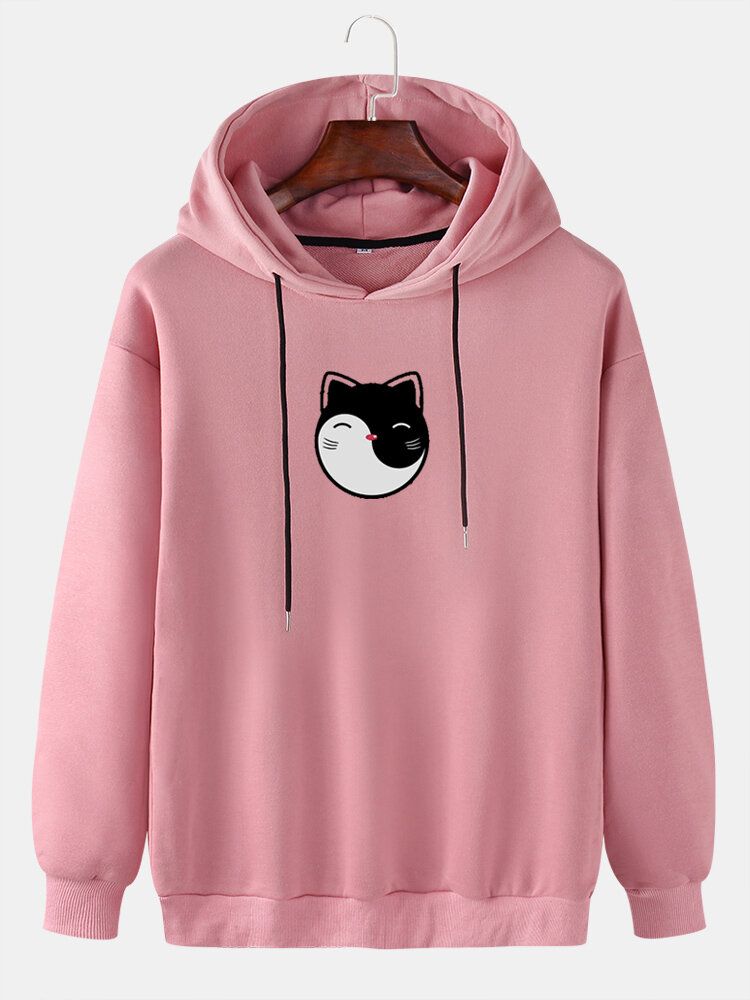 Sudaderas Con Capucha Con Cordón Informal De Algodón Con Hombros Caídos Y Estampado De Gato De Dibujos Animados Para Hombre