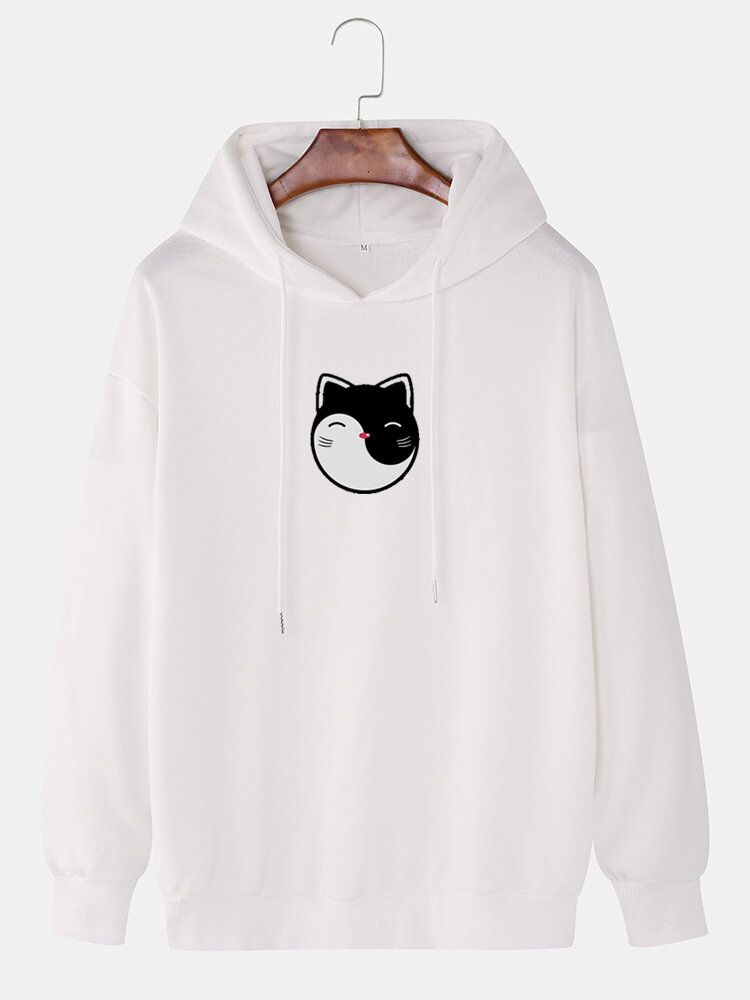 Sudaderas Con Capucha Con Cordón Informal De Algodón Con Hombros Caídos Y Estampado De Gato De Dibujos Animados Para Hombre