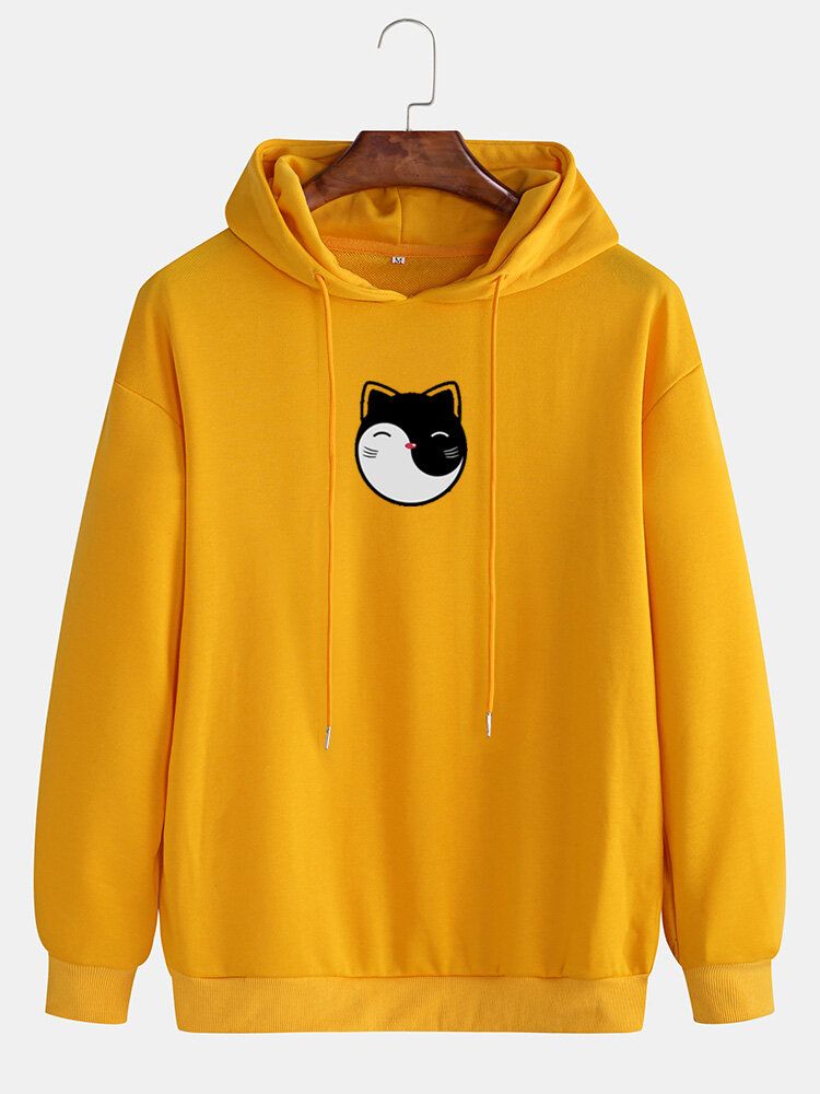 Sudaderas Con Capucha Con Cordón Informal De Algodón Con Hombros Caídos Y Estampado De Gato De Dibujos Animados Para Hombre