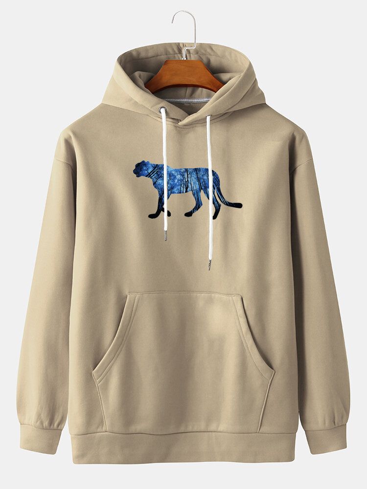 Sudaderas Con Capucha Con Cordón Informal Con Bolsillo De Canguro Con Hombros Caídos Y Estampado Animal Para Hombre