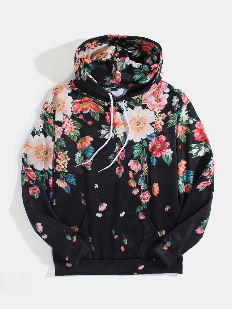 Sudaderas Con Capucha Con Cordón Informal De Bolsillo Con Estampado Floral En Toda La Prenda Para Hombre