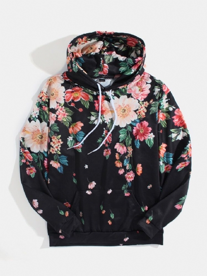 Sudaderas Con Capucha Con Cordón Informal De Bolsillo Con Estampado Floral En Toda La Prenda Para Hombre