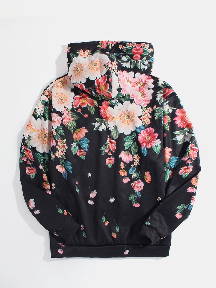 Sudaderas Con Capucha Con Cordón Informal De Bolsillo Con Estampado Floral En Toda La Prenda Para Hombre