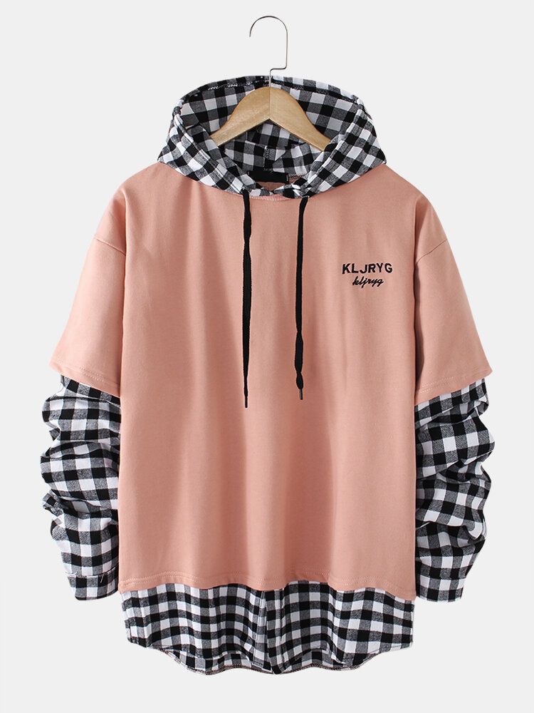 Sudaderas Con Capucha Con Cordón Informal De Dos Piezas Con Estampado De Letras A Cuadros De Algodón Para Hombre