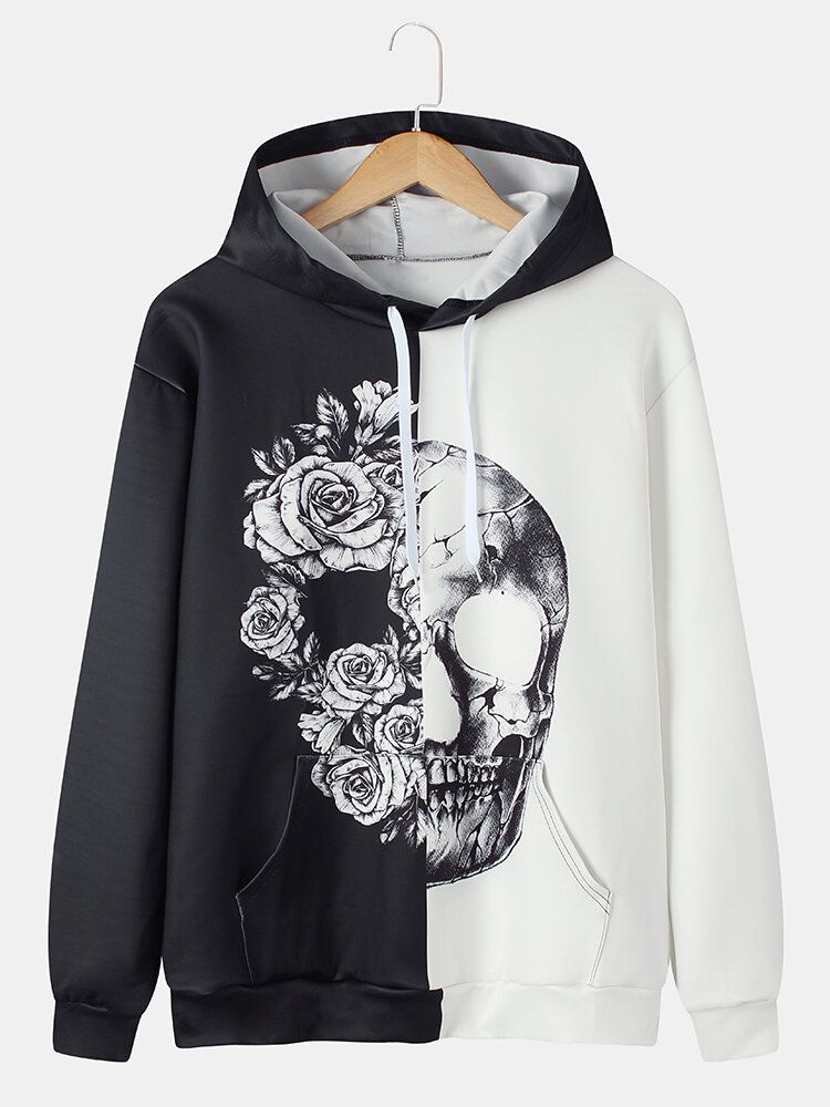 Sudaderas Con Capucha Con Cordón Informal Con Estampado De Calavera Y Rosas De Dos Tonos Para Hombre