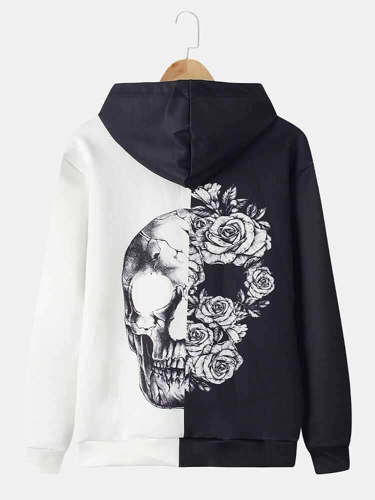 Sudaderas Con Capucha Con Cordón Informal Con Estampado De Calavera Y Rosas De Dos Tonos Para Hombre