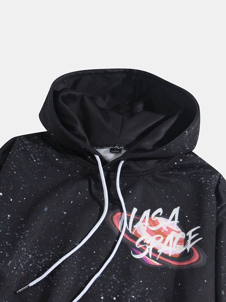 Sudaderas Con Capucha Con Cordón Informal Con Estampado En La Espalda De Astronauta De Dibujos Animados Con Letras Para Hombre Con Bolsillo