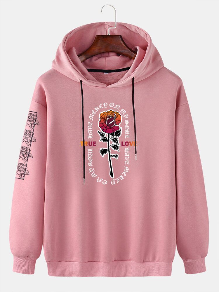 Sudaderas Con Capucha Con Cordón Informal Con Hombros Caídos Y Estampado De Letras Rosas Para Hombre