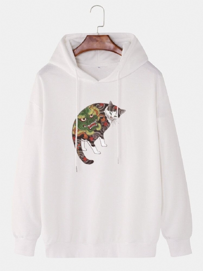 Sudaderas Con Capucha Con Cordón Informal De Manga Caída De Algodón Con Estampado Gráfico De Gato Para Hombre