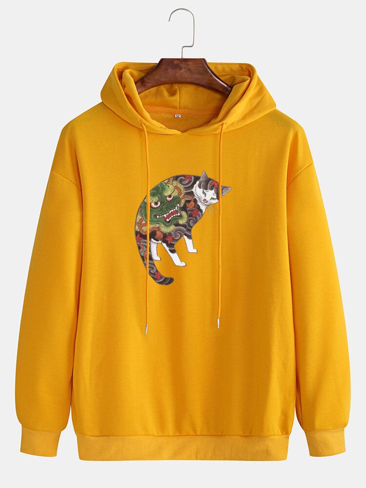 Sudaderas Con Capucha Con Cordón Informal De Manga Caída De Algodón Con Estampado Gráfico De Gato Para Hombre