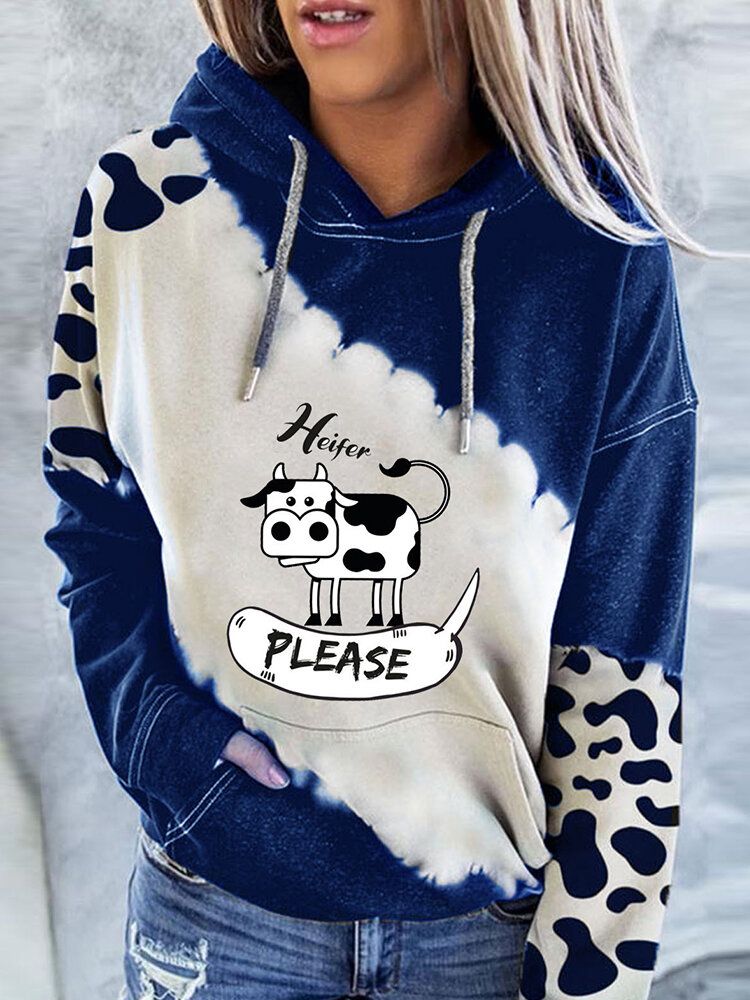 Sudaderas Con Capucha Con Cordón Informal De Manga Larga Con Estampado De Contraste De Vaca De Dibujos Animados Para Mujer