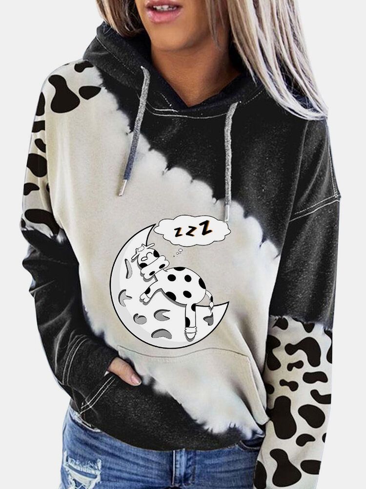 Sudaderas Con Capucha Con Cordón Informal De Manga Larga Con Estampado De Contraste De Vaca De Dibujos Animados Para Mujer