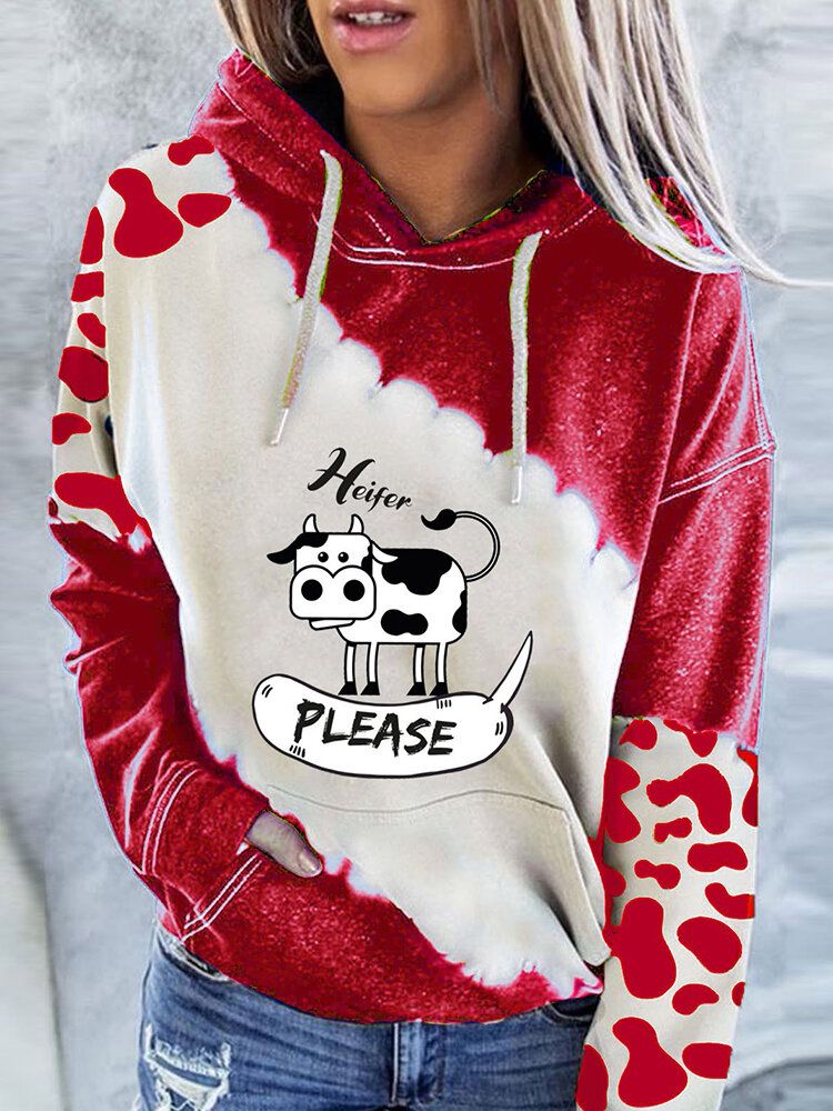 Sudaderas Con Capucha Con Cordón Informal De Manga Larga Con Estampado De Contraste De Vaca De Dibujos Animados Para Mujer