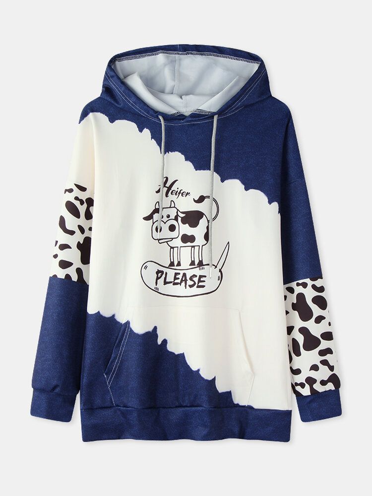 Sudaderas Con Capucha Con Cordón Informal De Manga Larga Con Estampado De Contraste De Vaca De Dibujos Animados Para Mujer