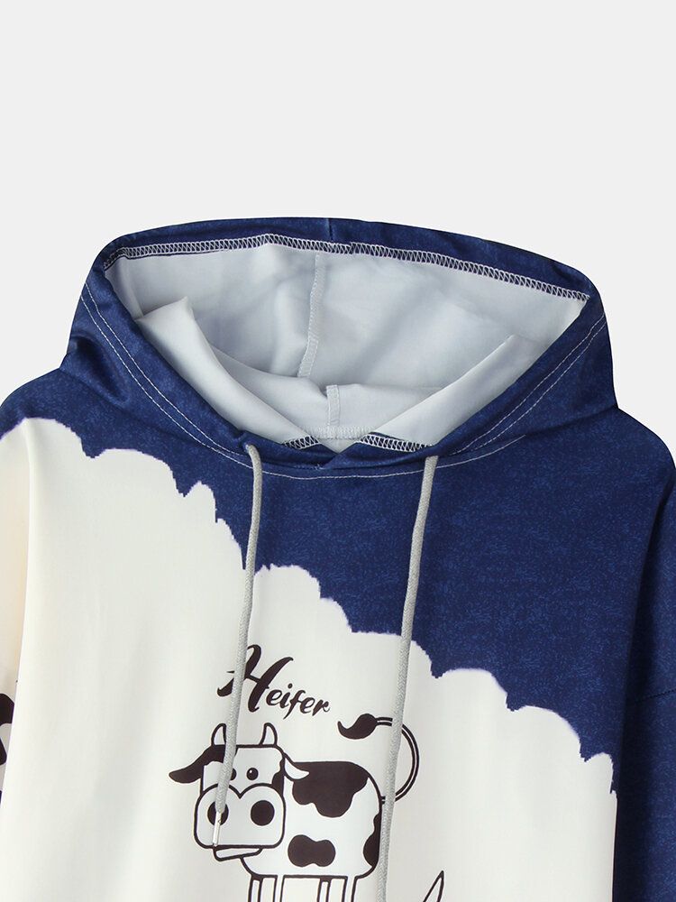 Sudaderas Con Capucha Con Cordón Informal De Manga Larga Con Estampado De Contraste De Vaca De Dibujos Animados Para Mujer