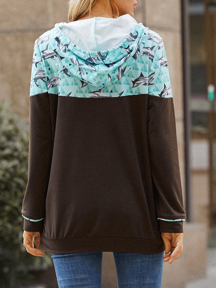 Sudaderas Con Capucha Con Cordón Informal De Manga Larga Con Estampado De Tiburones Para Mujer