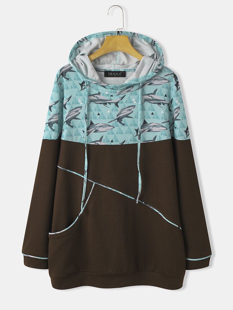 Sudaderas Con Capucha Con Cordón Informal De Manga Larga Con Estampado De Tiburones Para Mujer