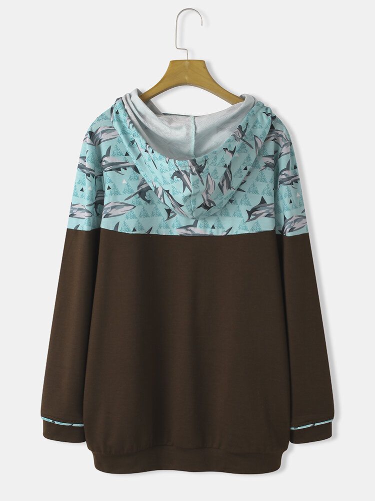 Sudaderas Con Capucha Con Cordón Informal De Manga Larga Con Estampado De Tiburones Para Mujer