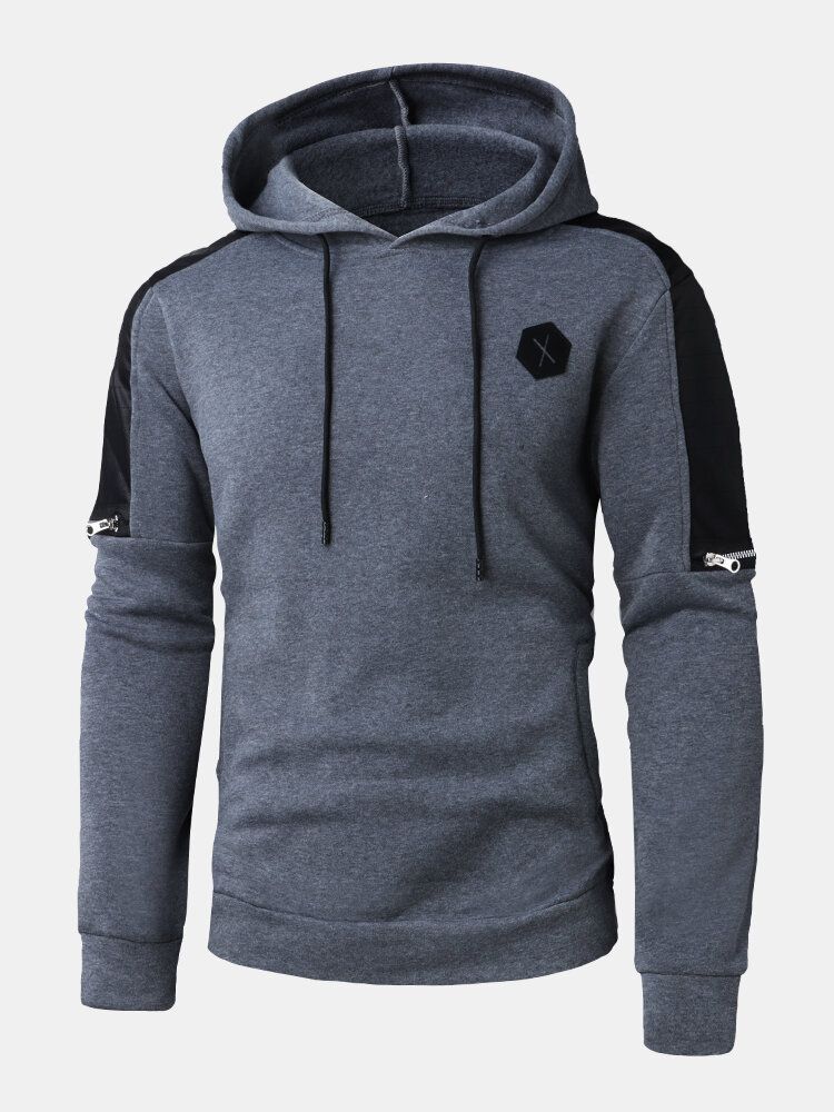 Sudaderas Con Capucha Con Cordón De Manga Larga Con Bolsillo De Patchwork De Color Sólido Para Hombre