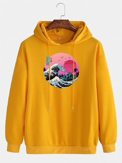 Sudaderas Con Capucha Con Cordón De Manga Larga Con Hombros Caídos Y Estampado De Paisaje Para Hombre