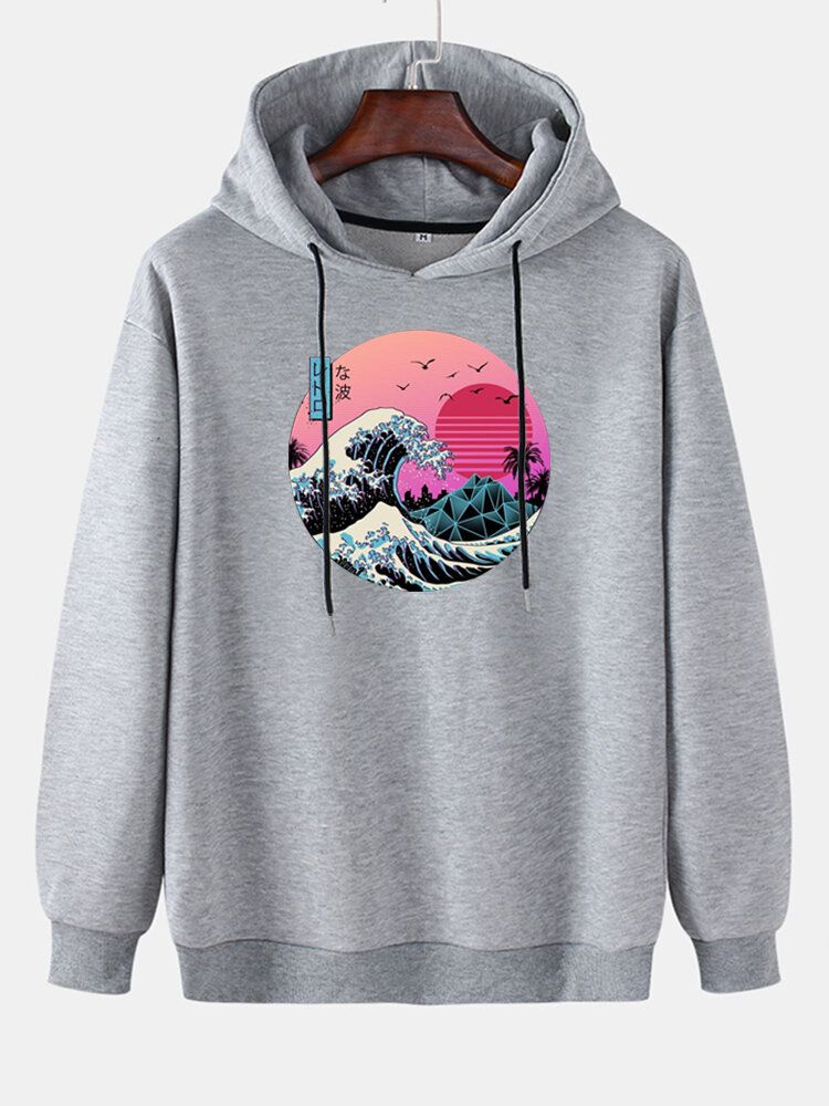 Sudaderas Con Capucha Con Cordón De Manga Larga Con Hombros Caídos Y Estampado De Paisaje Para Hombre