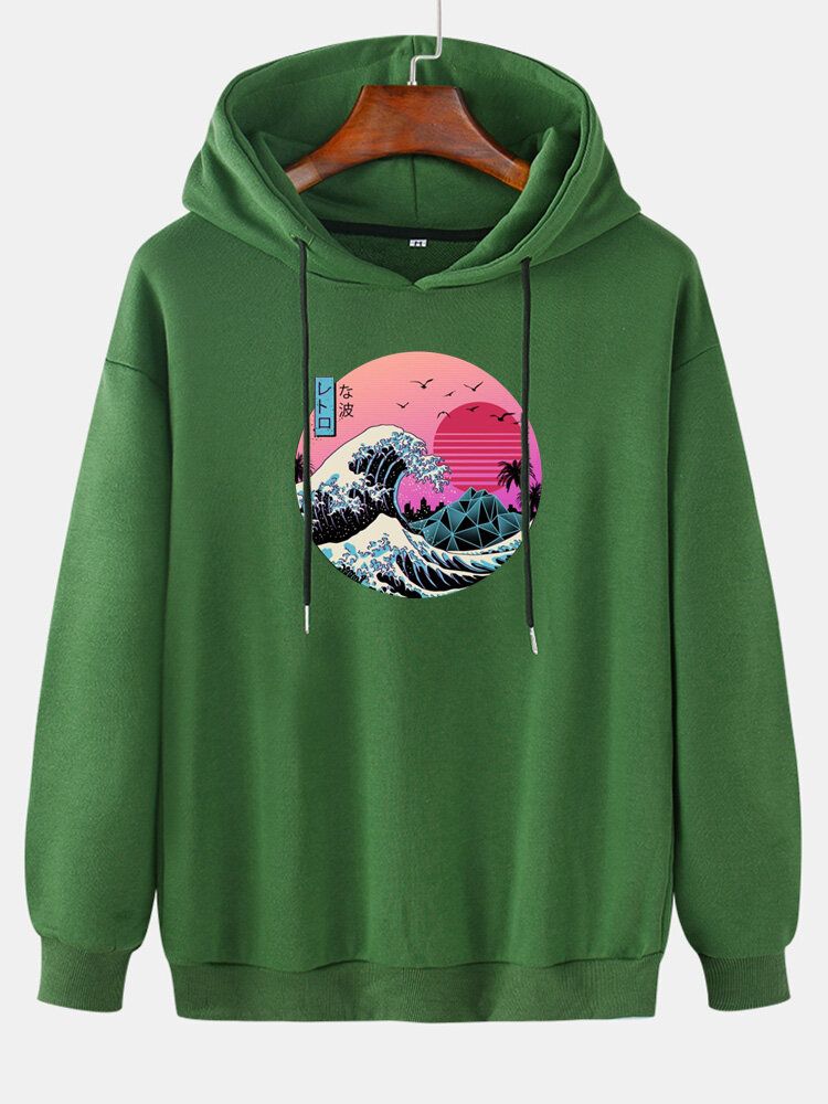 Sudaderas Con Capucha Con Cordón De Manga Larga Con Hombros Caídos Y Estampado De Paisaje Para Hombre