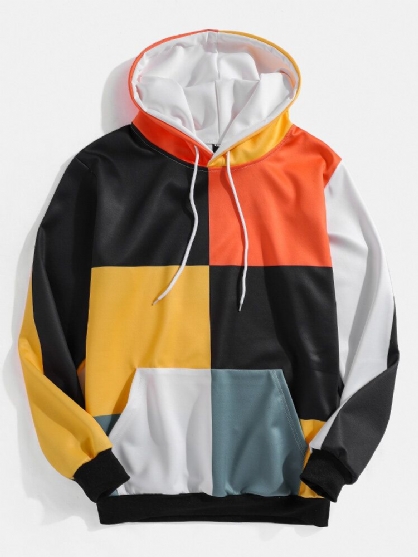 Sudaderas Con Capucha Con Cordón De Manga Larga Y Bloque De Color Para Hombre Con Bolsillo Canguro