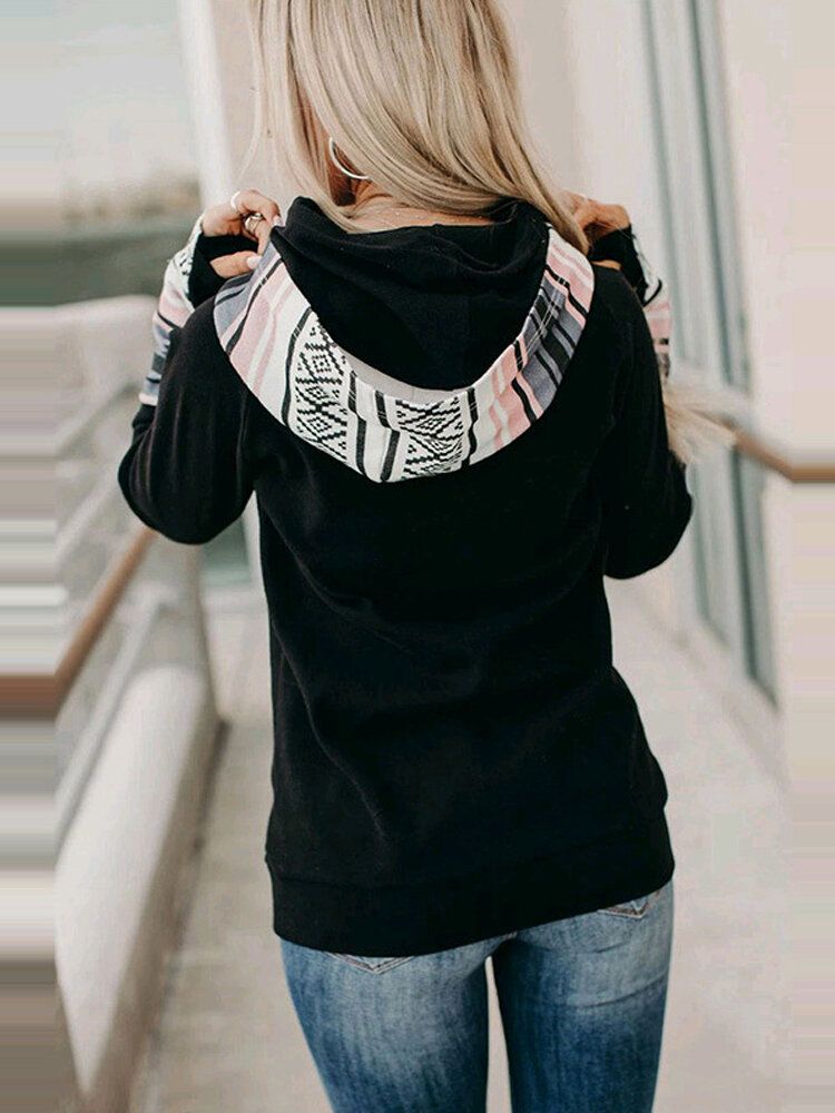 Sudaderas Con Capucha Con Cordón De Manga Larga Y Bolsillo De Canguro Con Estampado De Patchwork Para Mujer