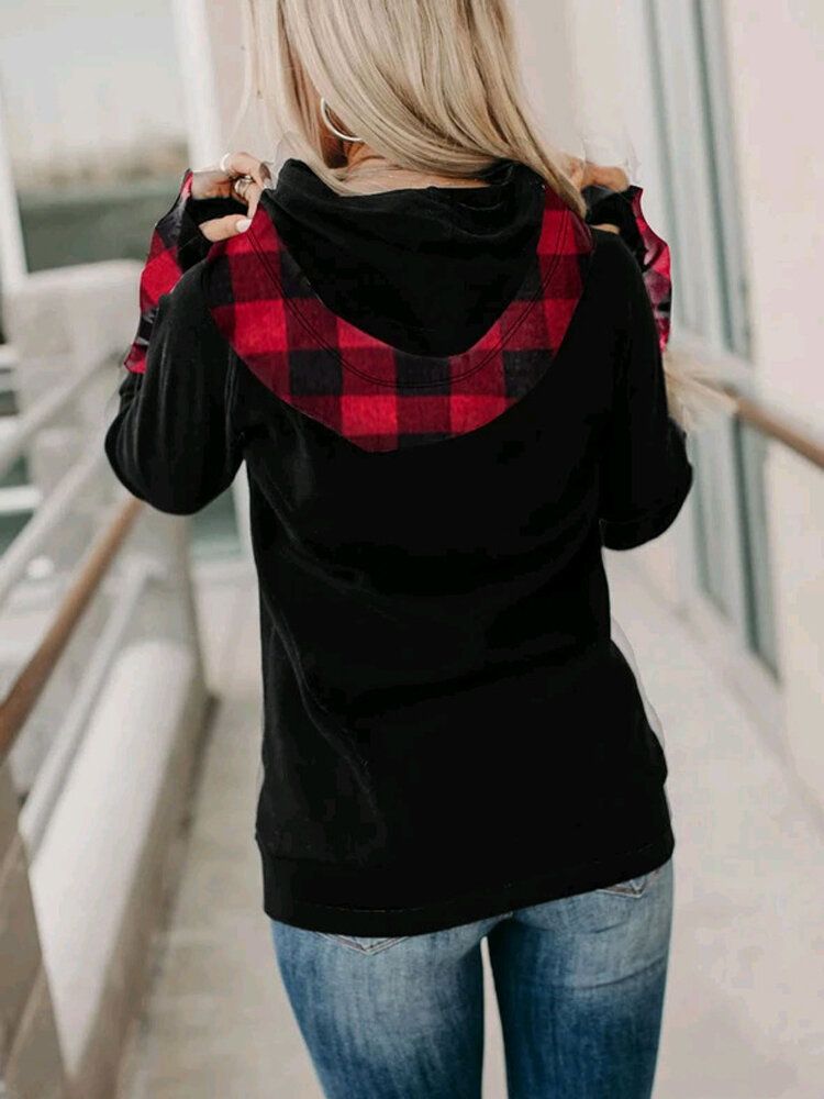 Sudaderas Con Capucha Con Cordón De Manga Larga Y Bolsillo De Canguro Con Estampado De Patchwork Para Mujer