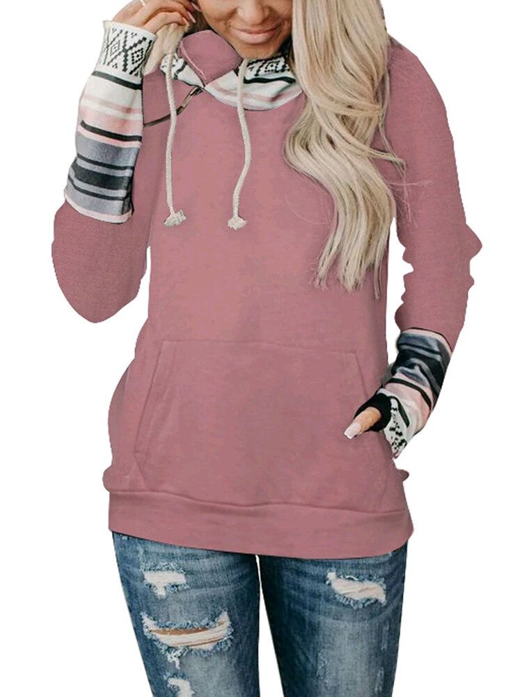 Sudaderas Con Capucha Con Cordón De Manga Larga Y Bolsillo De Canguro Con Estampado De Patchwork Para Mujer