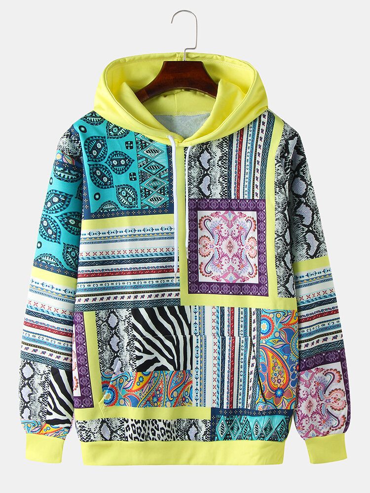 Sudaderas Con Capucha Con Cordón De Manga Larga Y Estampado De Estilo Étnico Para Hombre Con Bolsillo Canguro