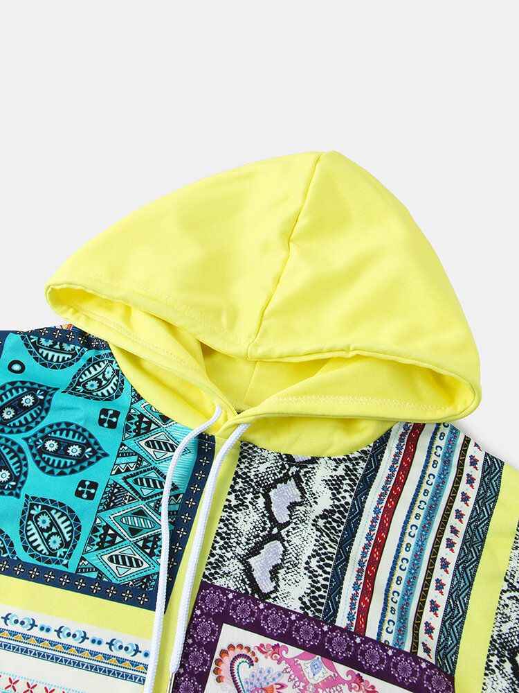 Sudaderas Con Capucha Con Cordón De Manga Larga Y Estampado De Estilo Étnico Para Hombre Con Bolsillo Canguro