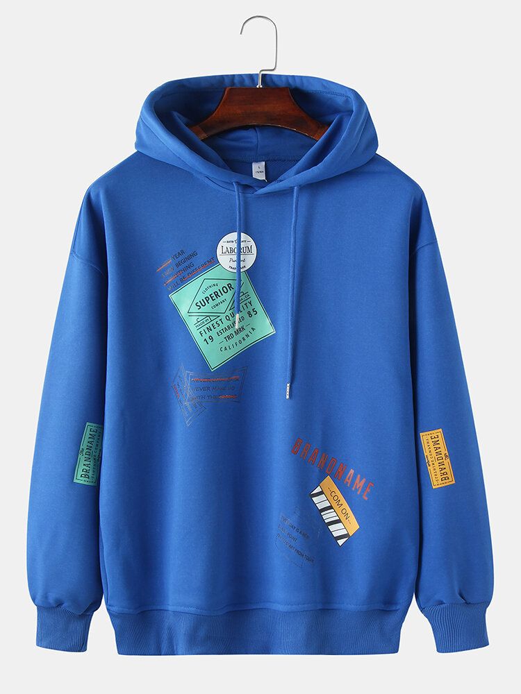 Sudaderas Con Capucha Con Cordón De Manga Larga Y Hombros Caídos Simples Con Estampado De Lengüeta Para Hombre