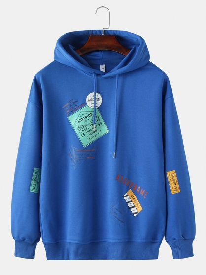 Sudaderas Con Capucha Con Cordón De Manga Larga Y Hombros Caídos Simples Con Estampado De Lengüeta Para Hombre