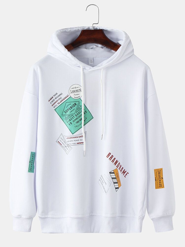 Sudaderas Con Capucha Con Cordón De Manga Larga Y Hombros Caídos Simples Con Estampado De Lengüeta Para Hombre