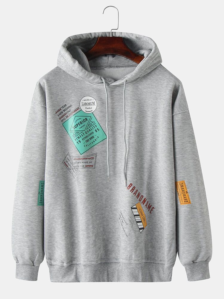 Sudaderas Con Capucha Con Cordón De Manga Larga Y Hombros Caídos Simples Con Estampado De Lengüeta Para Hombre