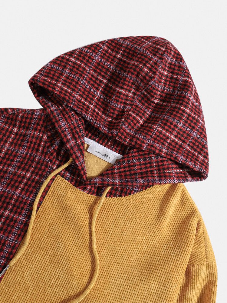 Sudaderas Con Capucha Con Cordón De Parche De Pana A Cuadros Para Hombre